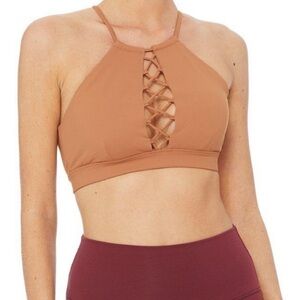 Alo yoga starlet lace up high neck sports bra M medium EUC tan nude neutral